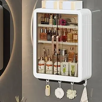 Wall-Mounted Premium Plastic Bathroom Storage Cabinet with Transparent Door – White | Multipurpose Organizer Shelf