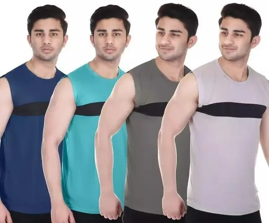 TURN OUT Men's Solid Fit Sando – Combo Pack of 4 | Polyester | Sleeveless | Multicolor | Regular Fit