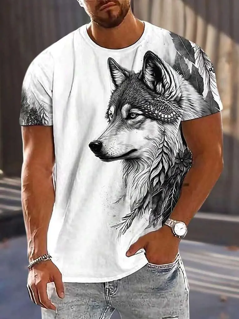 🐺 AM Men Solid Wolf Printed Round Neck T-shirt