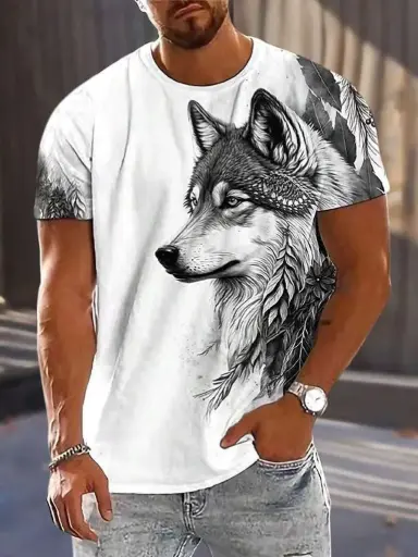 🐺 AM Men Solid Wolf Printed Round Neck T-shirt