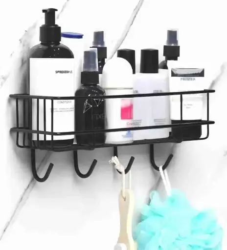 Self-Adhesive Multipurpose Bathroom Shelf with Hooks – Black | Wall-Mounted Brass Organizer by Decorlay