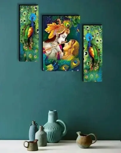 B Art Radha Krishna Religious Modern Art – Self-Adhesive Wall Painting (12 x 18 Inch, Set of 3)