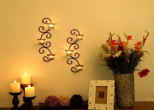 Set of 2 Antique Bronze Decorative Wall Sconces with Clear Glass & Tealights