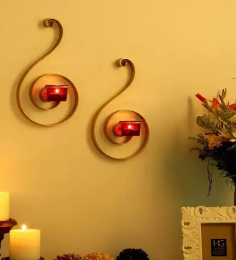 Set of 2 Antique Bronze Decorative Wall Sconces with Clear Glass & Tealights