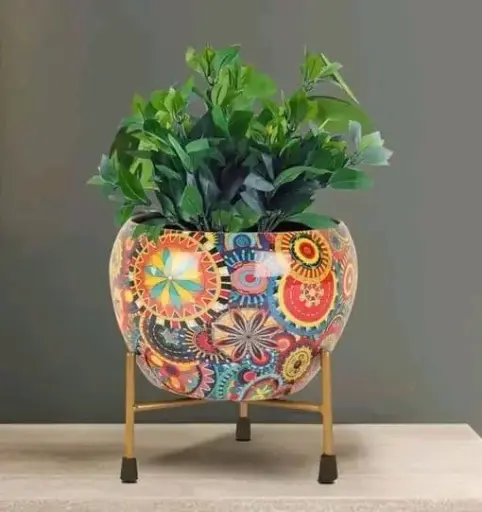 Deco Point Multi-Colored Enamel Printed Meena Flower Pot – Stain Resistant, Indoor & Outdoor Use (15 x 15 cm)