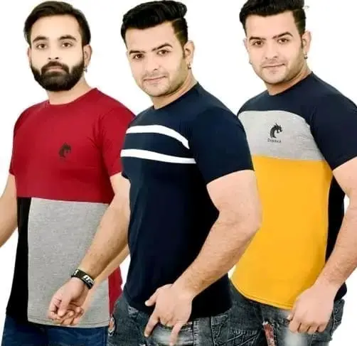 Men's Look Cotton T-Shirt Combo – Pack of 3 (Colorblocked Design) | 100% Cotton | Half Sleeve | Regular Fit