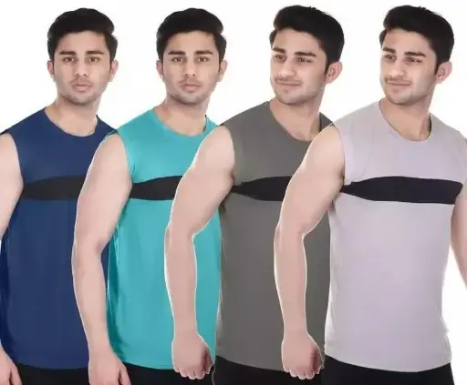 TURN OUT Men's Solid Fit Sando – Combo Pack of 4 | Polyester | Sleeveless | Multicolor | Regular Fit